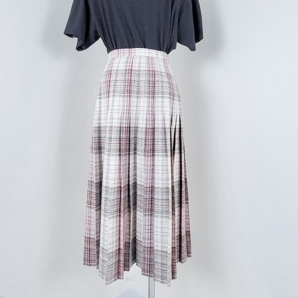 Plaid Wool Midi Skirt pleated pleats full asymmetrical geometric checkered - Picture 6 of 8